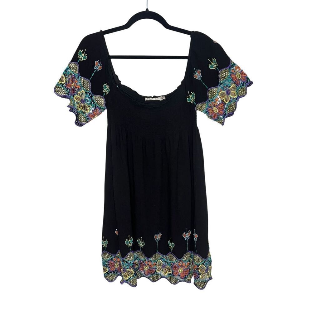 Solitaire Women’s Small off the Shoulder Dress Floral Embroidered Sleeves Black